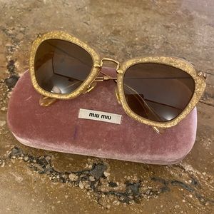 Miu Miu Gold Glitter Cat Eye Sunglasses with Case